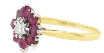 Ruby diamond flower cluster 18ct yellow gold platinum ring