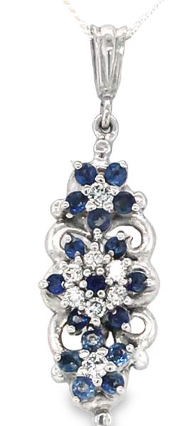 Sapphire diamond floral cluster drop pendant 9ct white gold