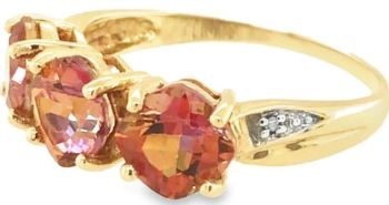 Three stone cushion cut orange topaz 9ct yellow gold ring