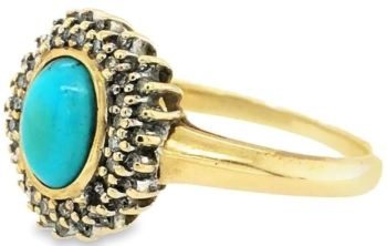 Turquoise double halo diamond cluster 9ct yellow gold ring