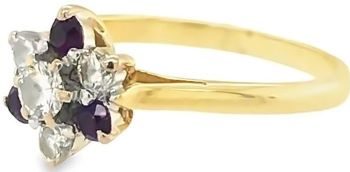 amethyst diamond floral cluster ring 18ct yellow gold
