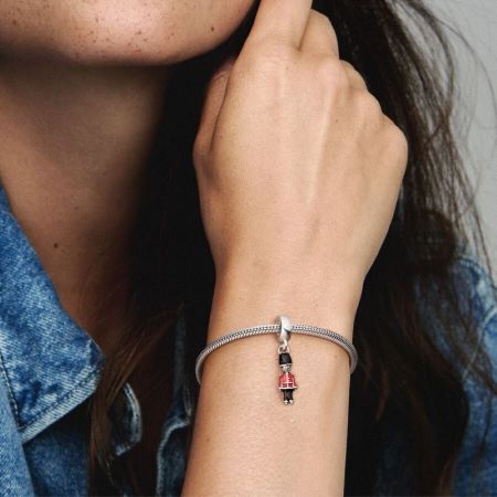791513ENMX Pandora British Royal Guard Dangle Charm worn solo with silver snake bracelet