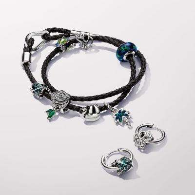 Pandora opalscent green palm tree dangle charm layered with leather braided bracelet 1