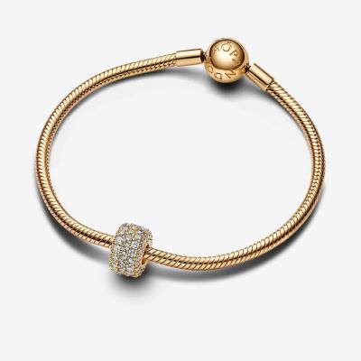 762820C01 Pandora Sparkling Pave Triple row Charm worn with Pandora Moments snake chain bracelet