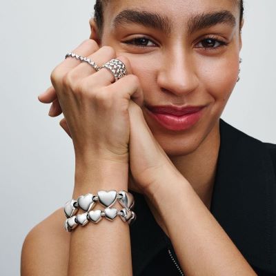 793439C00 Pandora Engravabel heart layered with moments bracelet and larger hearts